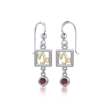 Capricorn Zodiac Sign Silver and Gold Earrings Jewelry with Garnet MER1766 - Jewelry